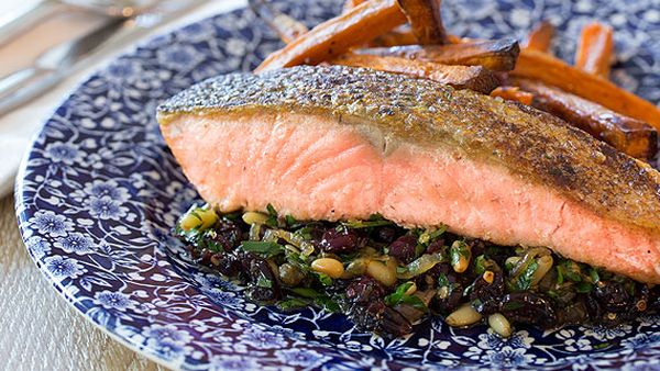 Garlic chilli salmon with pine nuts and cranberries