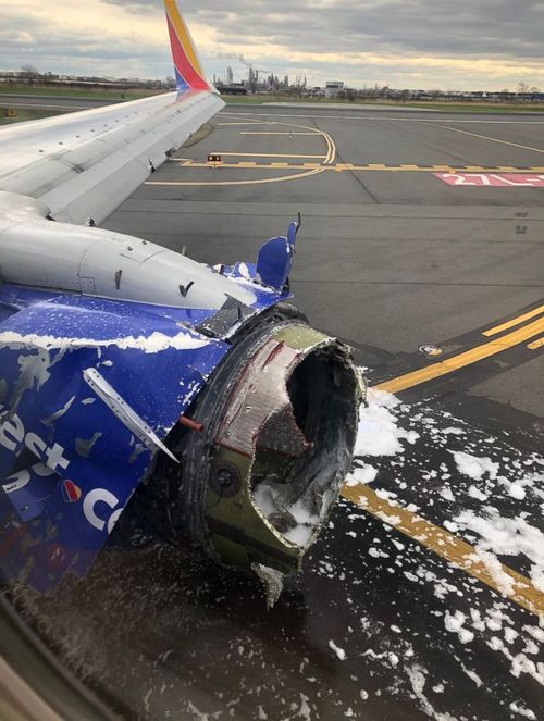 The engine of a Southwest Airlines plane after an emergency landing at the Philadelphia airport, April 17, 2018. (Picture: Twitter/Joe Marcus)
