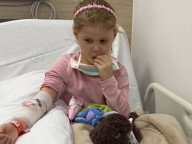 Lily Waegers in hospital after being diagnosed with severe aplastic anaemia.