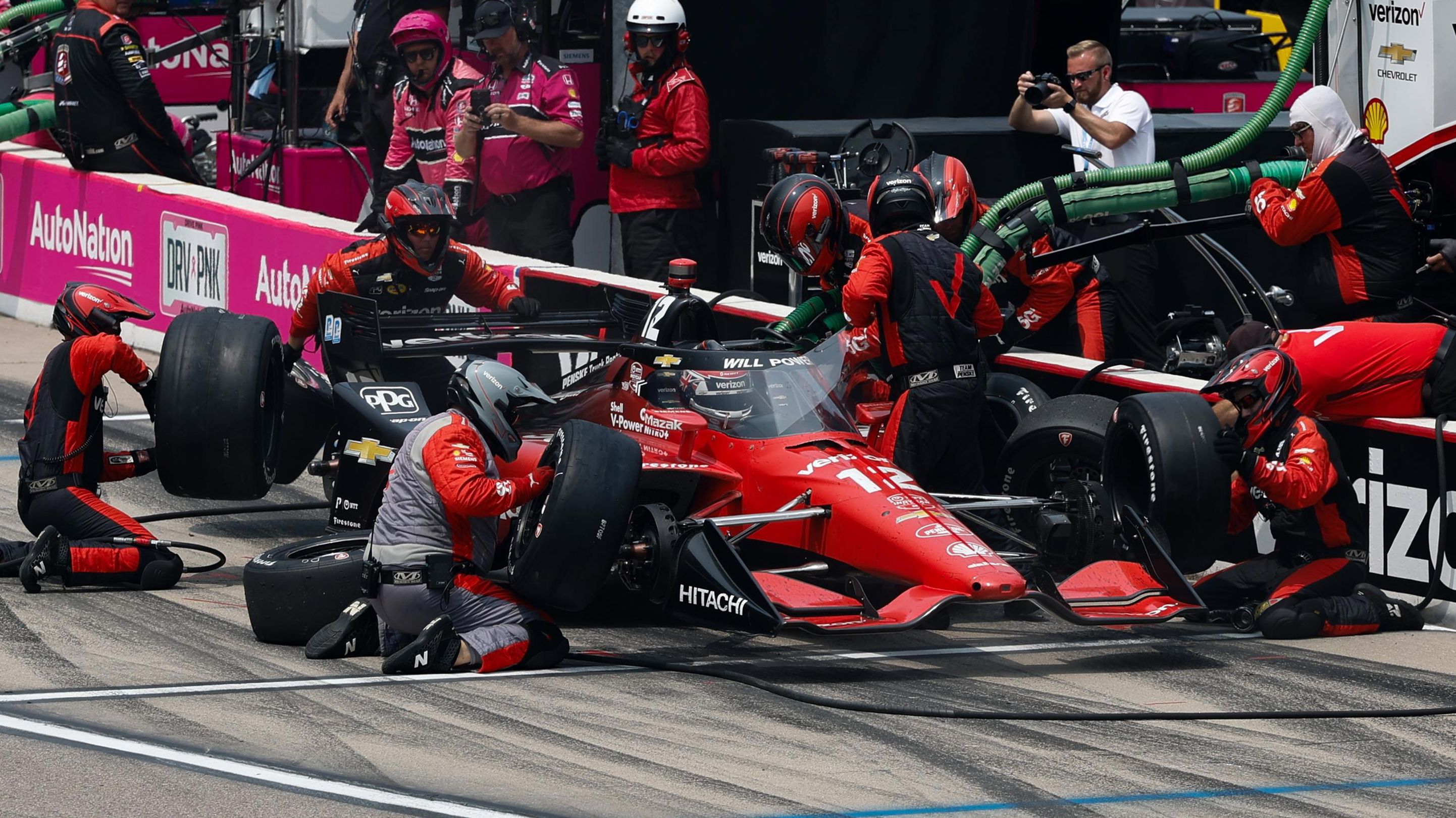 Team Penske reduced the amount of downforce in a pit stop by reducing the front wing angle.
