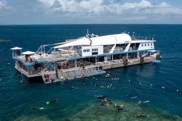 Reef Magic&#x27;s three-storey pontoon at Moore Reef, 49.5 kilometres east of Cairns.