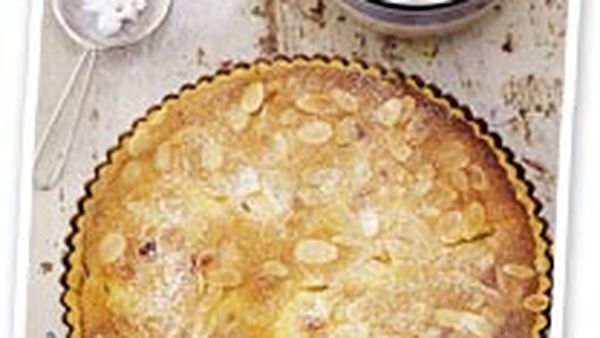 Pear and almond tart with choc sherry sauce