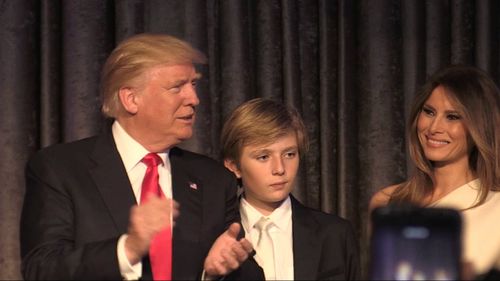 Donald Trump with son Barron and wife Melania on election night.