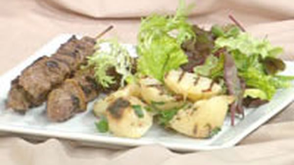 Kangaroo ginger skewers with barbecued potato slices