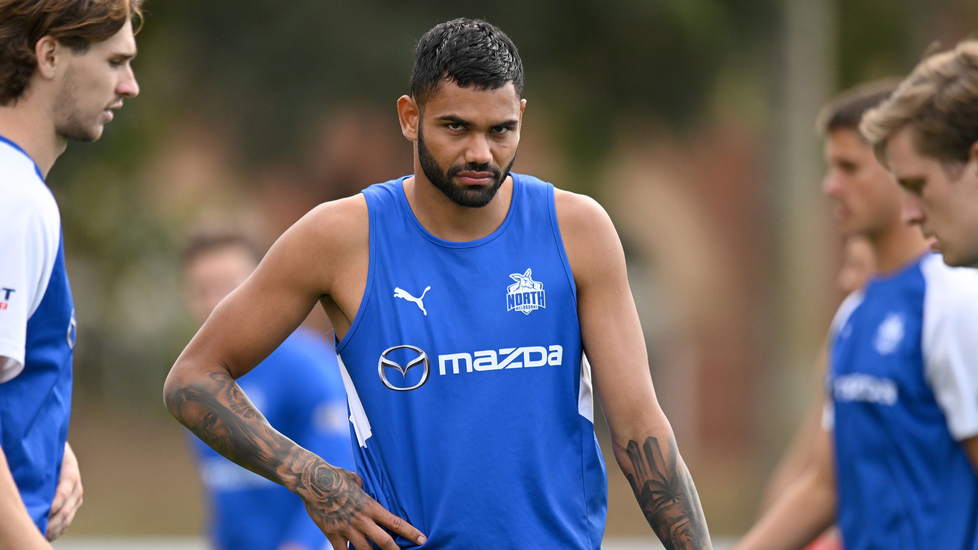 MELBOURNE, AUSTRALIA - MARCH 18: Tarryn Thomas of the Kangaroos warms up ahead of the VFL Practice Match between North Melbourne and Williamstown at Arden Street Ground on March 18, 2023 in Melbourne, Australia. (Photo by Morgan Hancock/Getty Images)