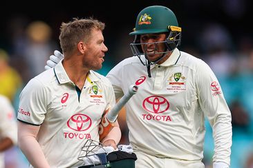 David Warner of Australia (L) and Usman Khawaja of Australia leave the field after day one of the Men&#x27;s Third Test Match in the series between Australia and Pakistan at Sydney Cricket Ground on January 03, 2024 in Sydney, Australia. (Photo by Mark Evans/Getty Images)