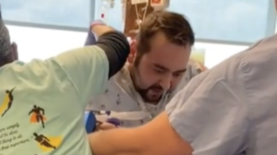 Mr Bargatze struggles to stand after the double lung transparent. He will have to take dozens of pills for the rest of his life to ensure the organs aren't rejected.
