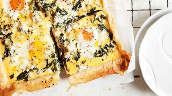 Egg, spinach, rocket and feta breakfast tart