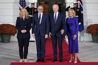 President Joe Biden and first lady Jill Biden welcome Australia's Prime Minister Anthony Albanese and his partner Jodie Haydon to the White House Tuesday, Oct. 24, 2023.