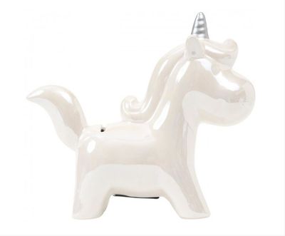 <a href="http://www.beserk.com.au/for-the-love-of/unicorns/magical-unicorn-white-bank" target="_blank">Magical Unicorn Ceramic Moneybox, $19.95.</a>