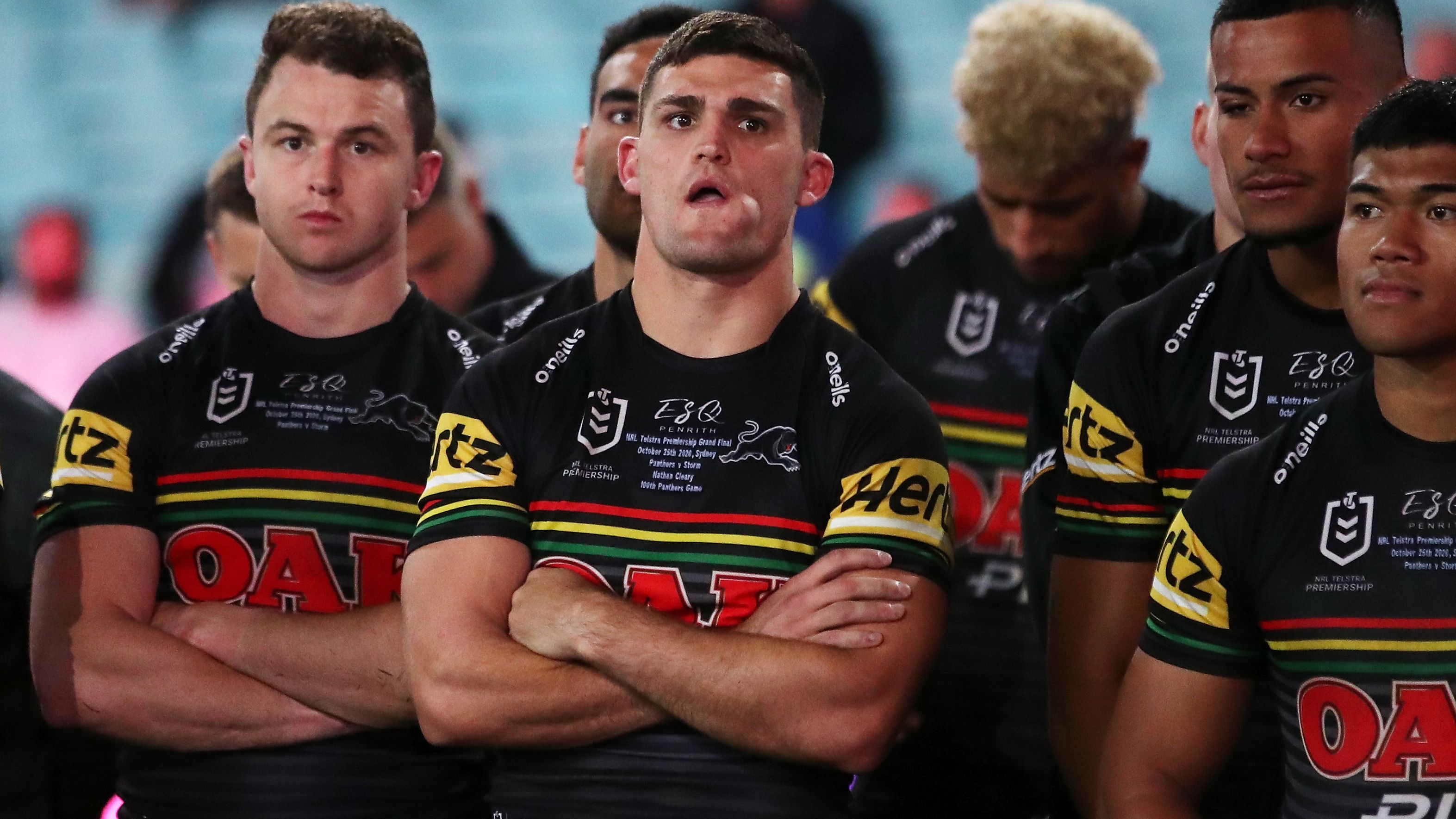 Dylan Edwards of the Panthers (left) with superstar halfback Nathan Cleary.