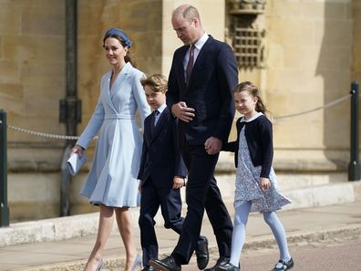 The Duke and Duchess of Cambridge with Prince George and Princess Charlotte attending the Easter Mattins Service at St George's Chapel at Windsor Castle in Berkshire in 2023.