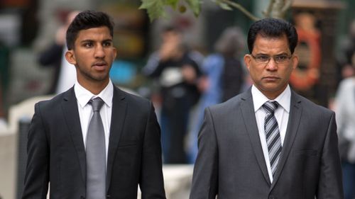 Jacintha Saldanha's husband Benedict Barboza (right), with their son Junal, arriving at the Royal Courts of Justice in London for the second day of the inquest into her death. (AAP)