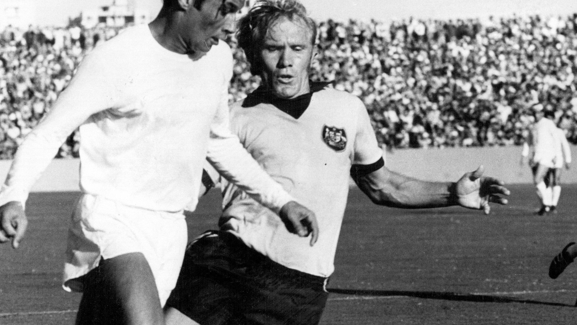 Manfred Schaefer makes a tackle on an Iraq player at the 1973 World Cup.