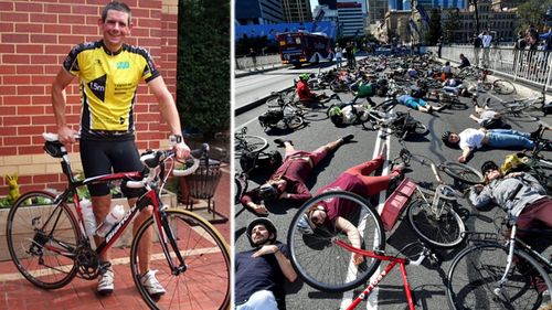 Cam Frewer, left, founder of Drive Safe, Pass Wide, and, right, the 2017 'die-in' held in central Brisbane to protest injuries and fatalities to Qld bikers. (Supplied/AAP). 