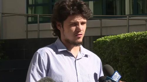 Giobi Geiger speaks outside court. Picture: 9NEWS