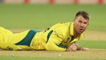 David Warner of Australia attempts to field the ball during the ICC Men's Cricket World Cup India 2023 between Australia and Pakistan at M. Chinnaswamy Stadium on October 20, 2023 in Bangalore, India. (Photo by Robert Cianflone/Getty Images)