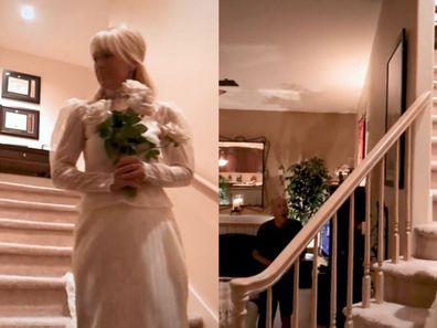 Pat Trenkle surprised her husband after quarantining by descending the staircase in her wedding gown. 