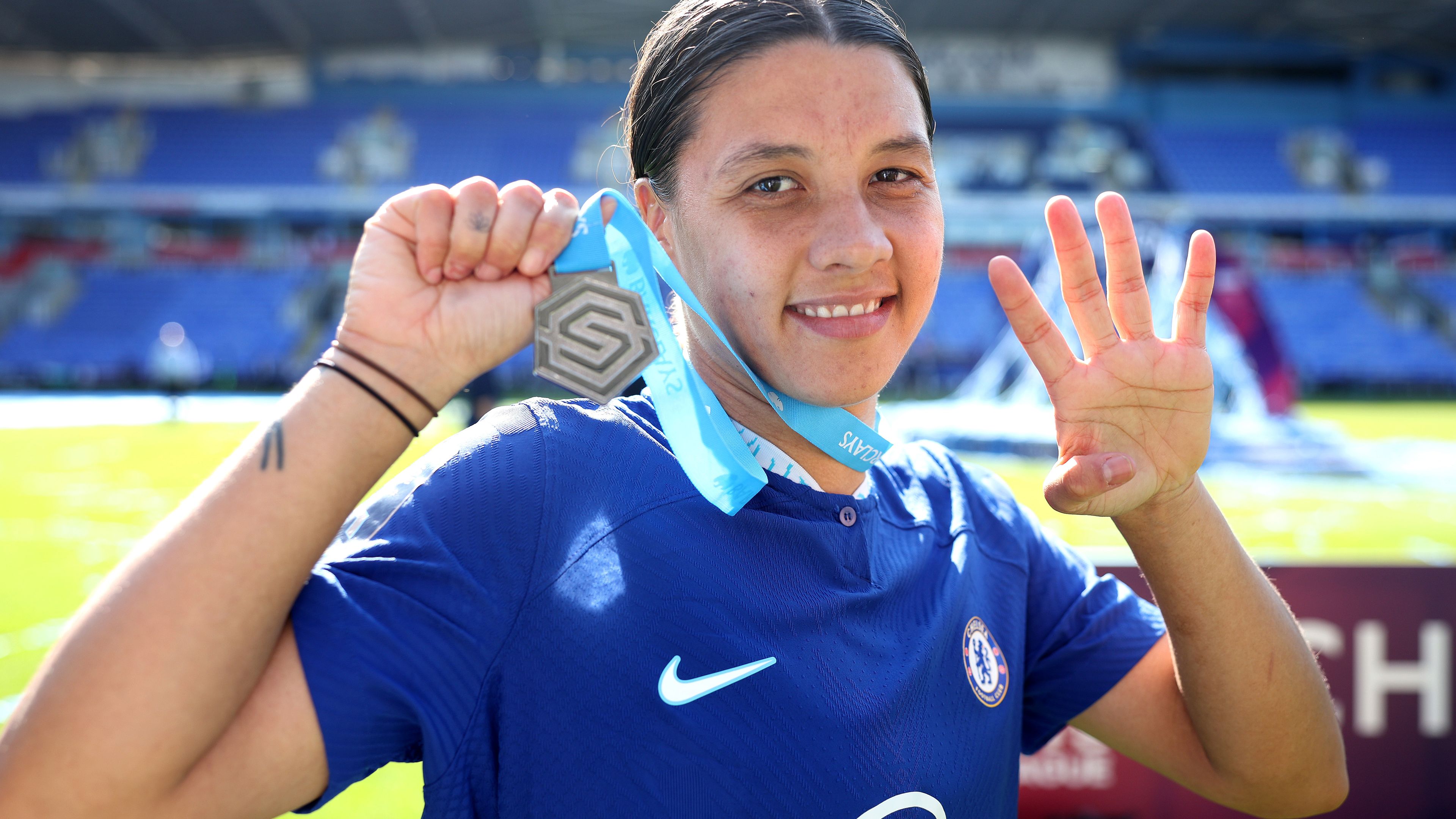 Sam Kerr of Chelsea celebrates with the Barclays Women&#x27;s Super League winners medal after the team&#x27;s victory during the FA Women&#x27;s Super League match between Reading and Chelsea at Select Car Leasing Stadium on May 27, 2023 in Reading, England. (Photo by Eddie Keogh - The FA/The FA via Getty Images)