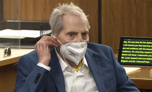 FILE - In this still image taken from the Law&Crime Network court video, real estate heir Robert Durst watches as his defense attorney Dick DeGuerin presents a new round of opening statements in the murder case against Durst after a 14-month recess due to the coronavirus pandemic in Los Angeles County Superior Court in Inglewood, Calif., on Wednesday, May 19, 2021. Durst, 78, an heir to a New York commercial real estate empire, is charged with first-degree murder in the slaying of his best frien