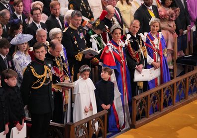 (Front row 3rd left to right) Prince William, Prince of Wales, Princess Charlotte, Prince Louis, Catherine, Princess of Wales, Prince Edward, the Duke of Edinburgh and Sophie, the Duchess of Edinburgh with Prince Harry, Duke of Sussex (3rd row 4th right) at the coronation ceremony of King Charles III and Queen Camilla in Westminster Abbey on May 6, 2023 in London 