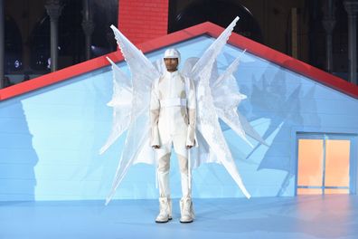 PARIS, FRANCE - JANUARY 20: (EDITORIAL USE ONLY - For Non-Editorial use please seek approval from Fashion House) A model walks the runway during the Louis Vuitton Menswear Fall/Winter 2022-2023 show as part of Paris Fashion Week on January 20, 2022 in Paris, France. (Photo by Stephane Cardinale - Corbis/Corbis via Getty Images)