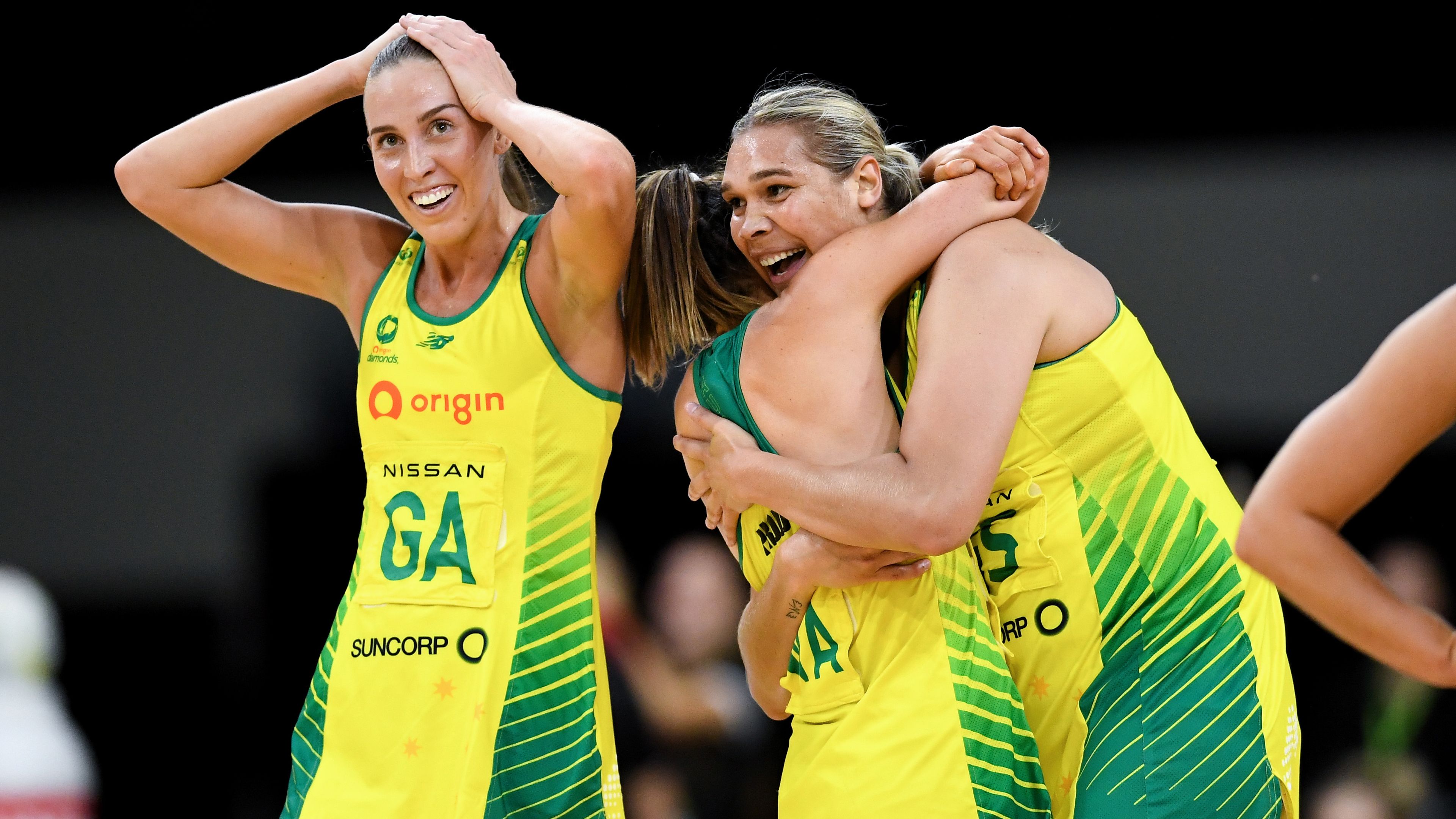 Donnell Wallam of the Australia Diamonds and Maddy Proud of the Australia Diamonds  hug after the Netball International match between Australia and England on October 26, 2022 at Newcastle Entertainment Centre in Newcastle, Australia. (Photo by Steven Markham/Speed Media/Icon Sportswire)