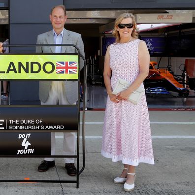 Prince Edward, Earl of Wessex and Sophie, Countess of Wessex during a visit to the McLaren team garage at the British Grand Prix in Silverstone on July 18, 2021