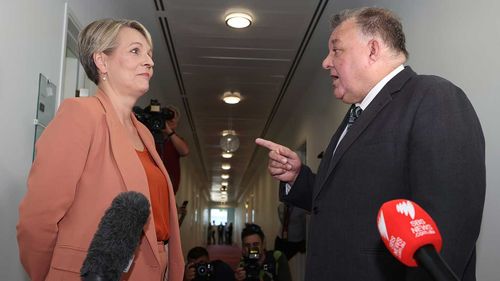 Tanya Plibersek and Craig Kelly faced off outside the Channel 9 studio in Parliament House.