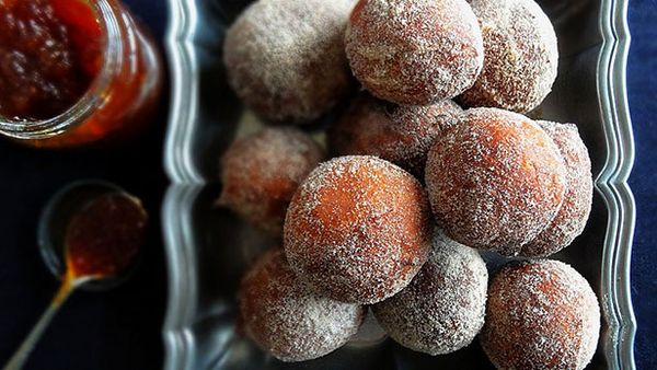 Orange blossom doughnuts with peach and vanilla jam