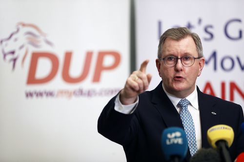 Democratic Unionist Party (DUP) leader Jeffrey Donaldson speaks to the media during a press conference at Hinch Distillery, Temple, Northern Ireland, Tuesday, Jan. 30, 2024. 