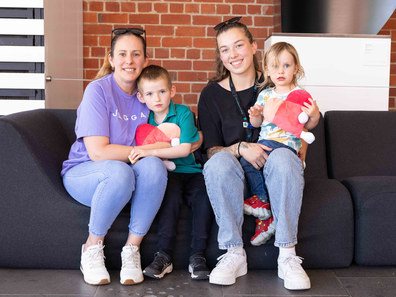 Support worker Georgia (top right) with Louise Wall (top left) and her kids Ethan (bottom left) and Alex (bottom right).