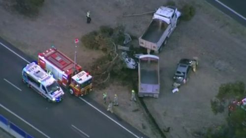 Emergency services at the scene of the crash on the Calder Freeway in March last year. (9NEWS)