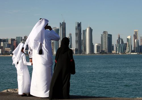 High-rise office buildings and hotels in Doha, Qatar.