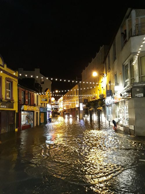Picture taken with permission from the Twitter feed of Michael Scott showing a flooded street in Galway, Ireland. (AAP)