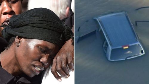 Akon Guode at the funeral of her children (left) and (right) the partially submerged Toyota Kluger. (AAP)