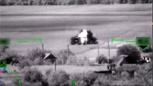 In this image from video, released by the Russian Defense Ministry Press Service on June 6, 2023, shows what Russia claimed was the destruction of a German-made Leopard tank.