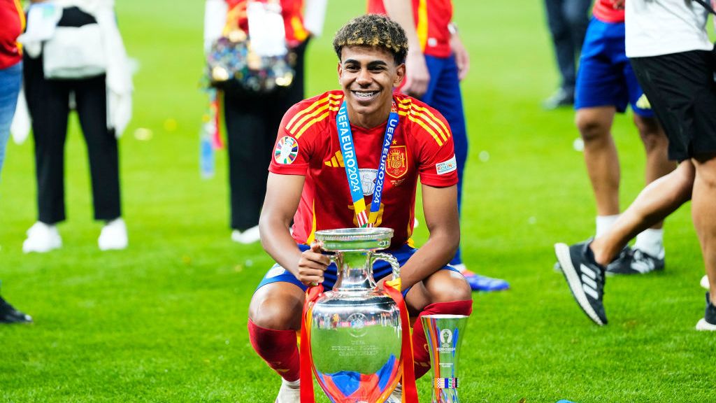 Lamine Yamal right winger of Spain celebrates after their team&#x27;s victory in the UEFA EURO 2024.