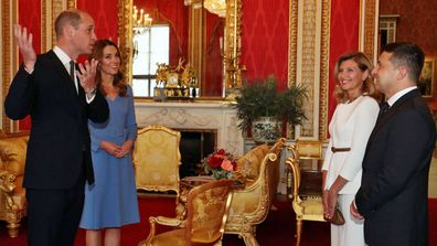 Prince William, Duke of Cambridge and Catherine, Duchess of Cambridge meet Ukraine's President Volodymyr Zelensky and his wife Olena during an audience at Buckingham Palace on October 7, 2020 in London, England.