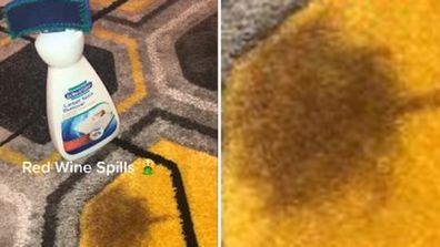 Woman removes red wine stain from carpet in seconds