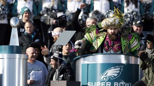 Philadelphia Eagles center Jason Kelce speaks in front of the Philadelphia Museum of Art (AAP).