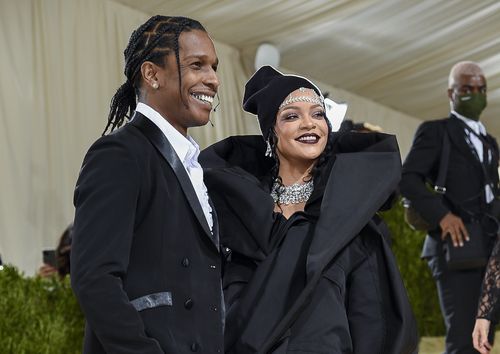 FILE - A$AP Rocky, left, and Rihanna attend The Metropolitan Museum of Art's Costume Institute benefit gala in New York on Sept. 13, 2021. (Photo by Evan Agostini/Invision/AP, File)