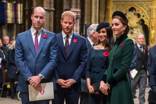 The Duke and Duchess of Cambridge and the Duke and Duchess of Sussex attend a National Service to mark the centenary of the Armistice at Westminster Abbey, London