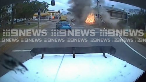 The dashcam shows the moment the truck crashed and erupted into a fireball. Picture: 9NEWS