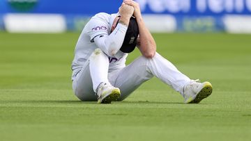 Ben Stokes of England reacts after dropping a catching chance off the batting of Nathan Lyon of Australia during Day Five of the LV= Insurance Ashes 1st Test match between England and Australia at Edgbaston on June 20, 2023 in Birmingham, England. (Photo by Ryan Pierse/Getty Images)