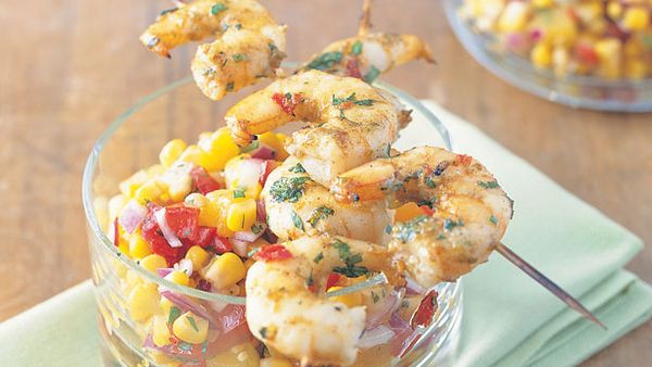 Coriander prawns & apricot salsa