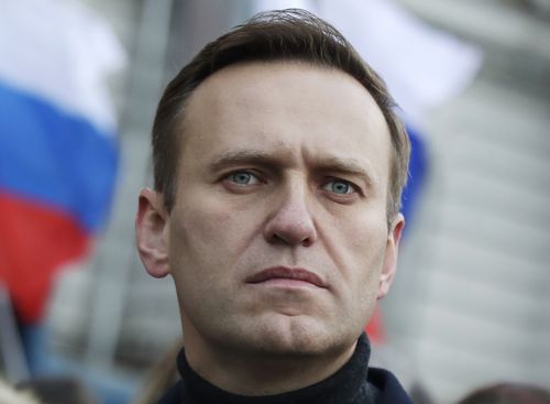 Russian opposition activist Alexei Navalny takes part in a march in memory of opposition leader Boris Nemtsov in Moscow, Russia, on Feb. 29, 2020.