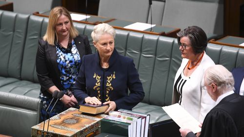 Newly-elected Independent MP for the seat of Wentworth Kerryn Phelps is sworn in in the House of Representatives at Parliament House in Canberra today.