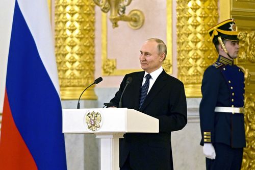 Russian President Vladimir Putin delivers a speech as he attends a ceremony to receive credentials from newly appointed foreign ambassadors to Russia, at the Kremlin, in Moscow, Russia, Wednesday, April 5, 2023 