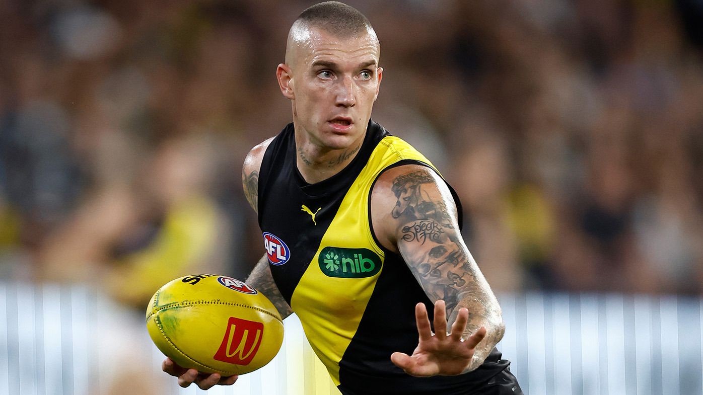 Dustin Martin of the Tigers in action during the 2024 AFL Round 01 match between the Carlton Blues and the Richmond Tigers at the Melbourne Cricket Ground on March 14, 2024 in Melbourne, Australia. (Photo by Michael Willson/AFL Photos via Getty Images)